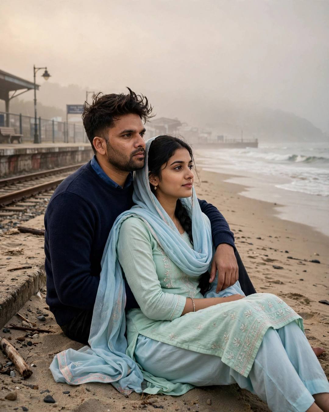 Couple sitting on sand beside railway tracks at night in fog, his arm around her, sea beyond