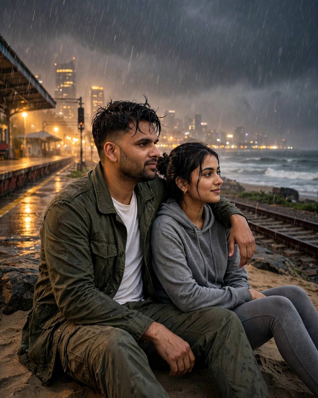 Couple sitting close on a rainy railway platform at night in monsoon rain, his arm around her, golden city glow