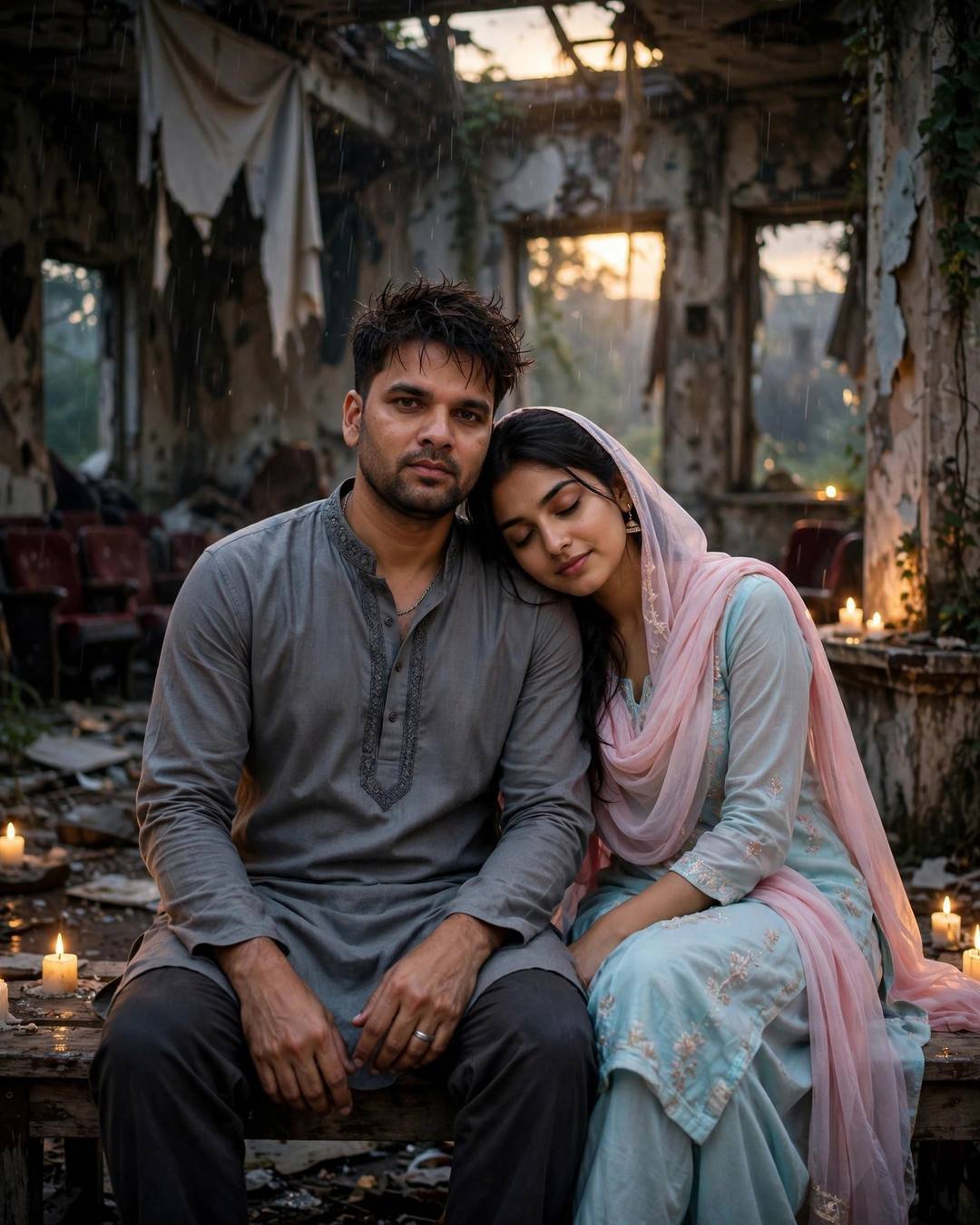 Couple among lit candles in a ruined cinema hall, grey kurta and pastel salwar-kameez with pink dupatta, golden hour light