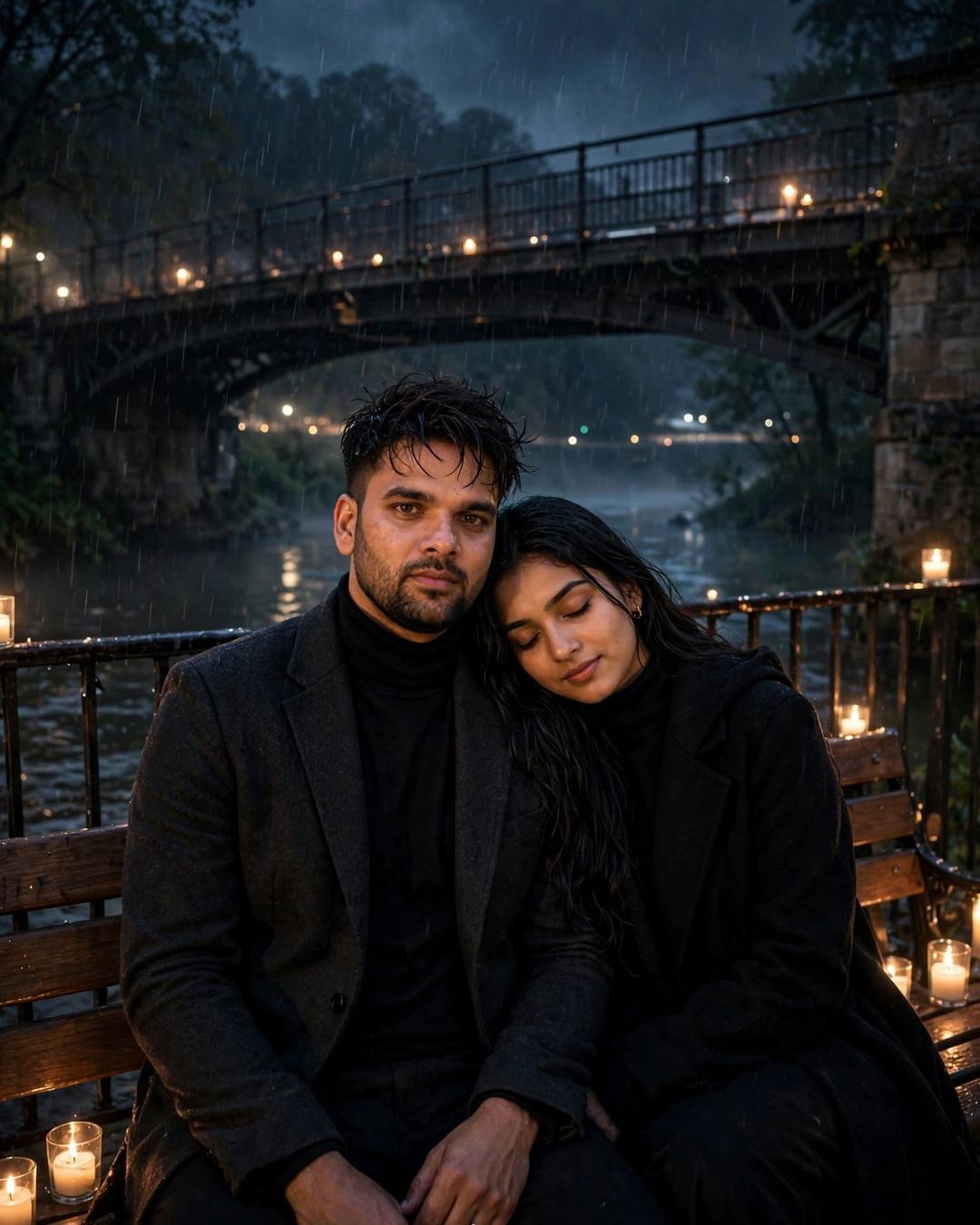 Couple on a bridge bench at midnight in the rain, her head on his shoulder, candles on the railing, charcoal blazer and black coat