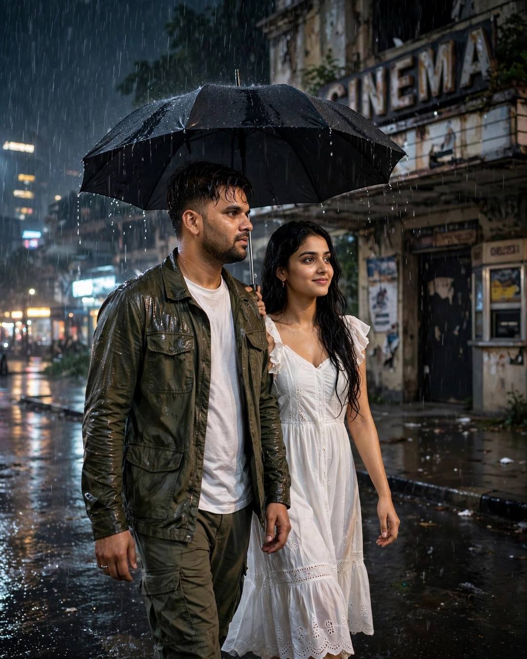 Couple walking under one umbrella in heavy rain at night, olive field jacket and white dress, abandoned cinema sign behind