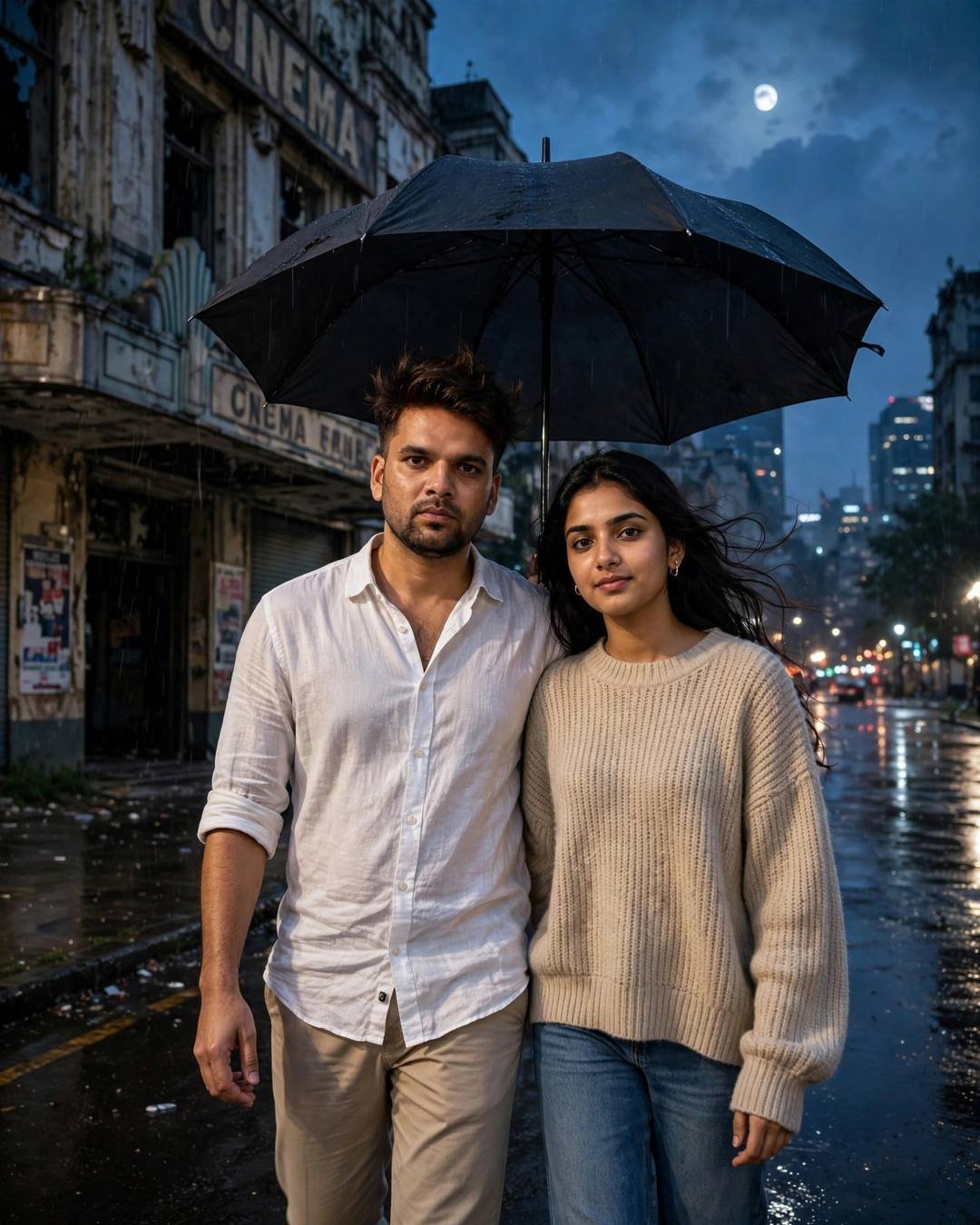 Young couple walking under one umbrella on a rainy street at night, shoulders touching