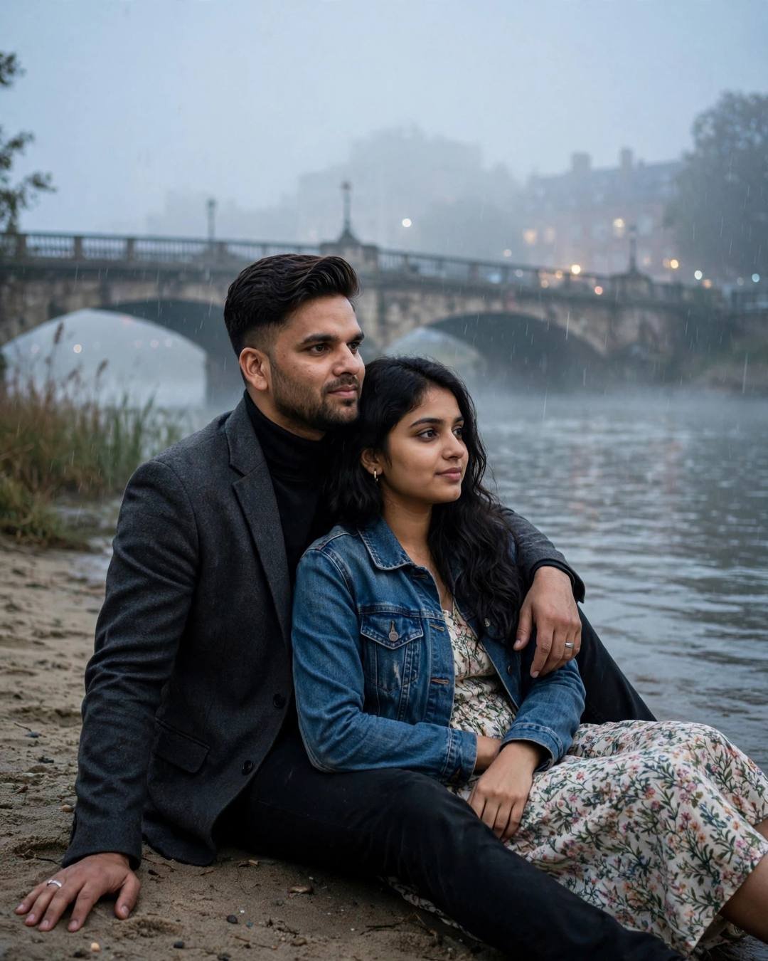 Young couple sitting on a sandy riverbank under a misty stone bridge, his arm around her