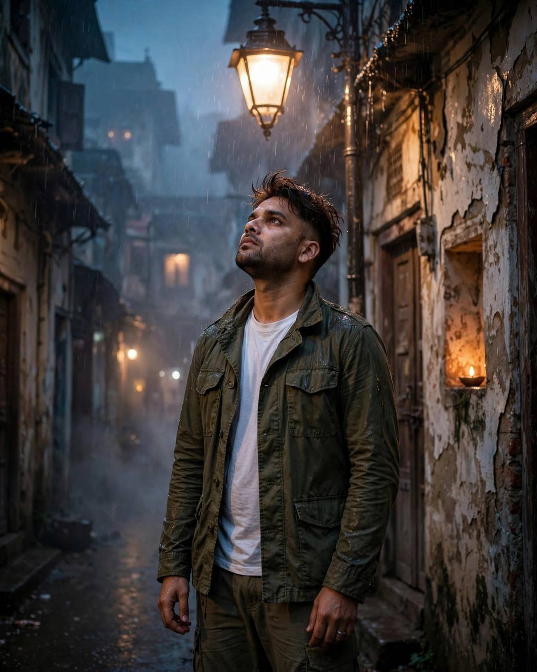 Young man standing under a streetlamp in the rain in an old-city lane, face lifted to the sky