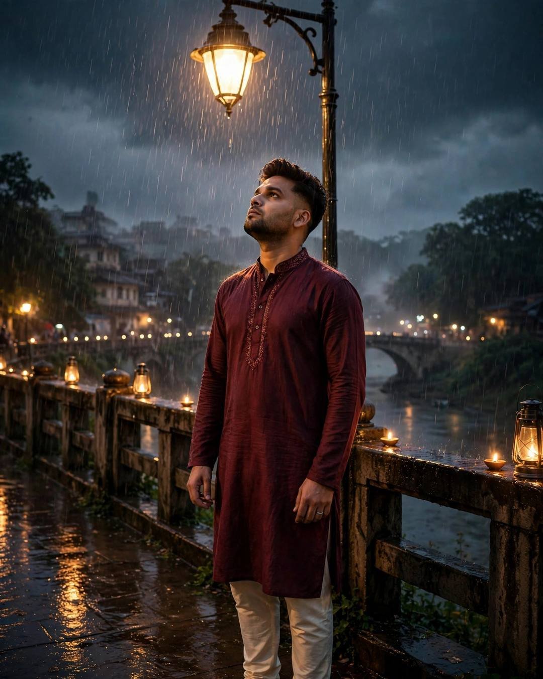 Young man in a maroon kurta standing on a rainy bridge at night, face lifted to the sky, lanterns glowing
