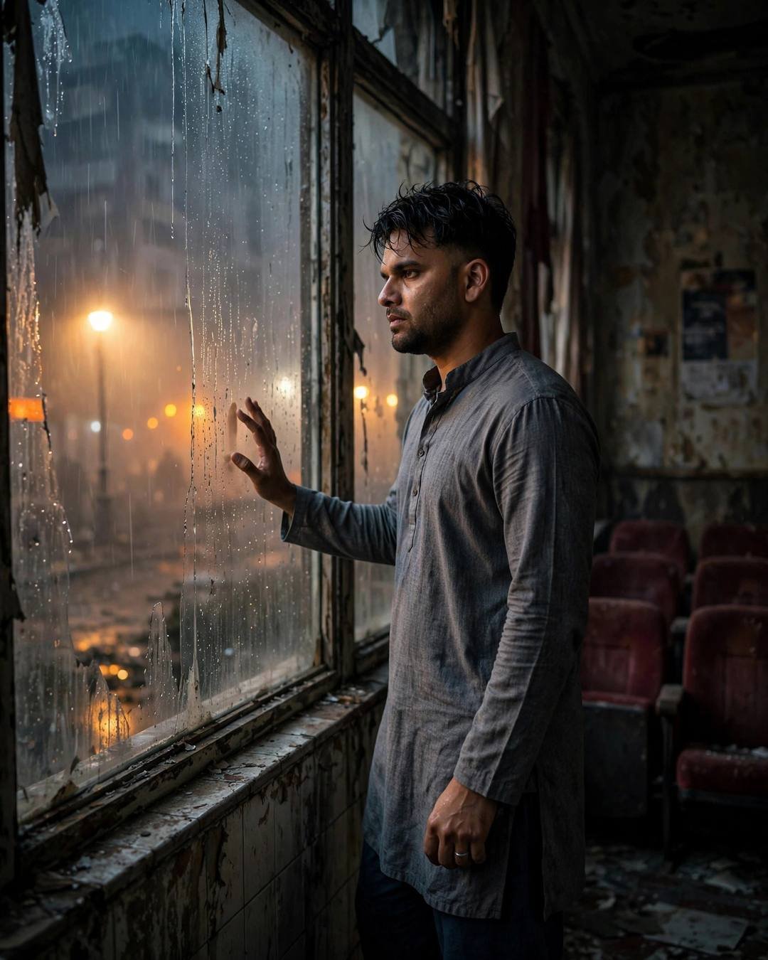 Young man in a grey kurta standing at a rain-streaked window in an abandoned cinema hall, one hand on the glass