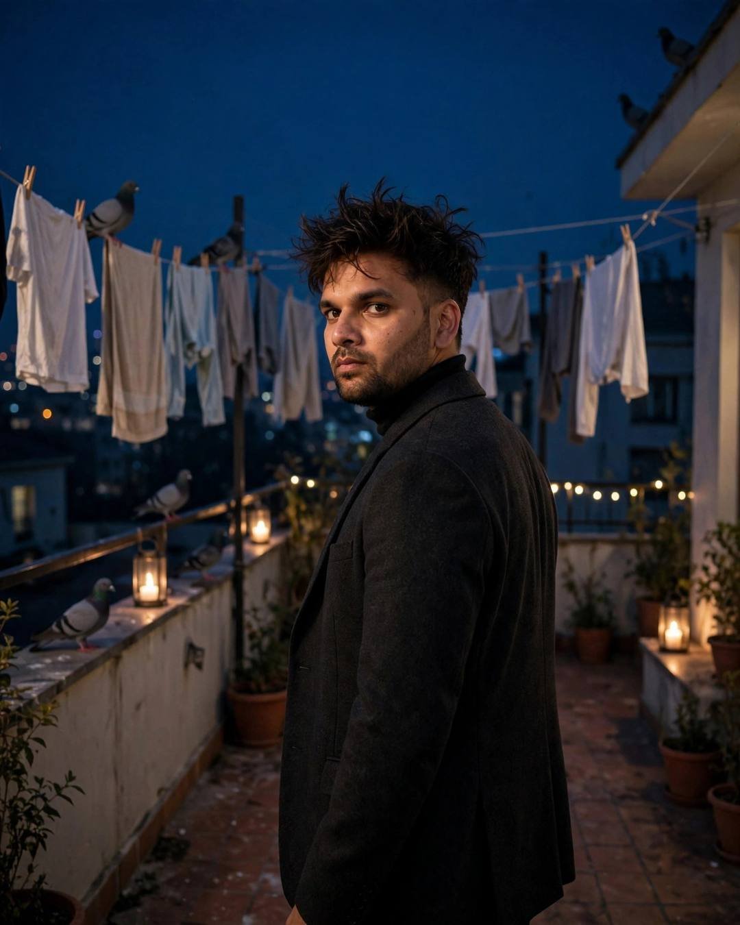 Young man in a charcoal blazer walking on a rooftop terrace at blue hour, glancing back, candles and laundry around