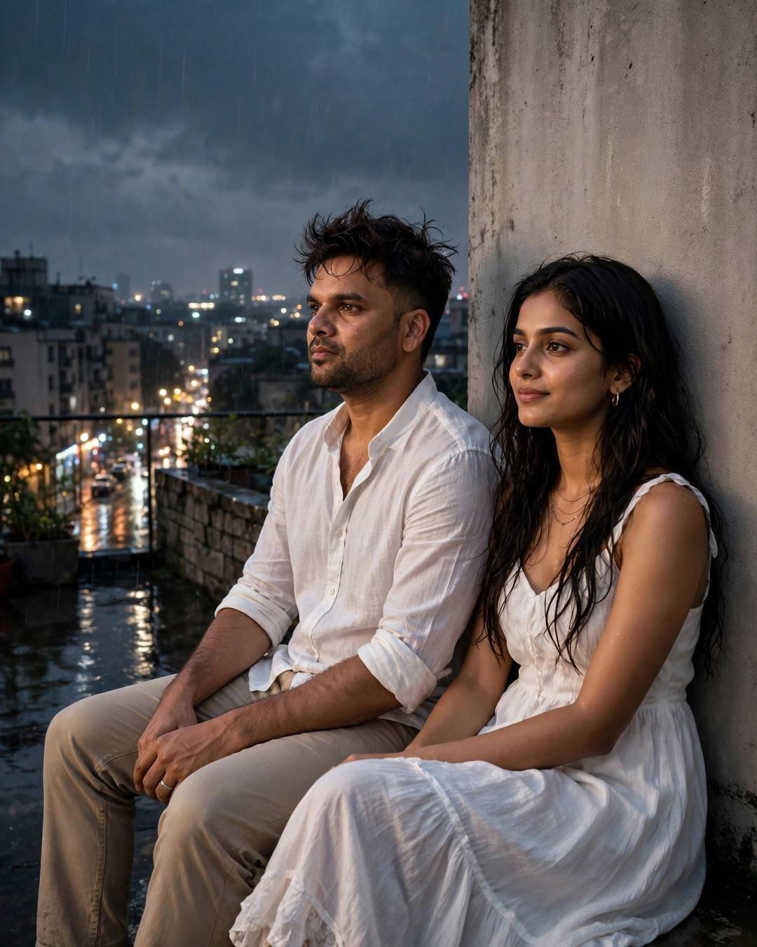 Cinematic AI portrait: love under grey skies — one suitcase packed by the door, both pretending not to see (Sad Couple mood)