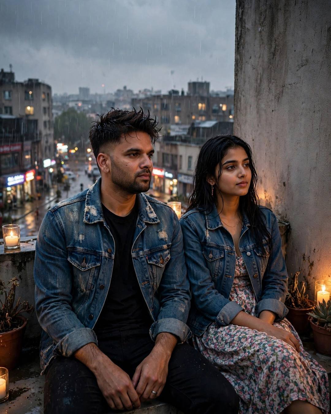 Cinematic AI portrait: love under grey skies — holding hands loosely while looking in opposite directions (Sad Couple mood)