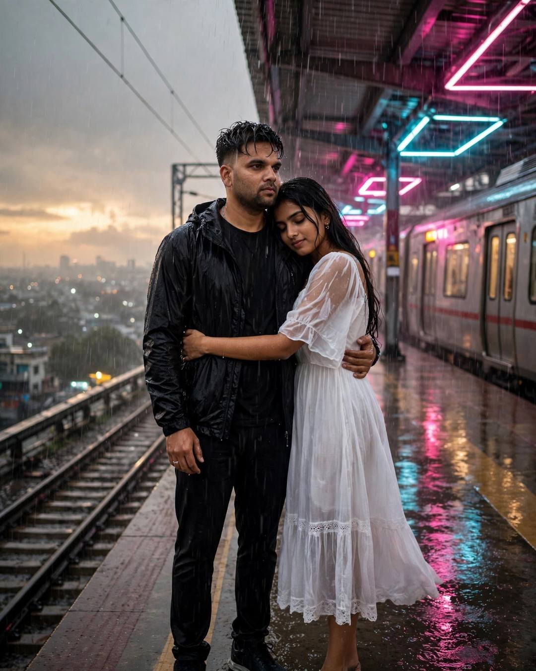 Cinematic AI portrait: love under grey skies — sitting apart on the same bench, a careful distance between (Sad Couple mood)