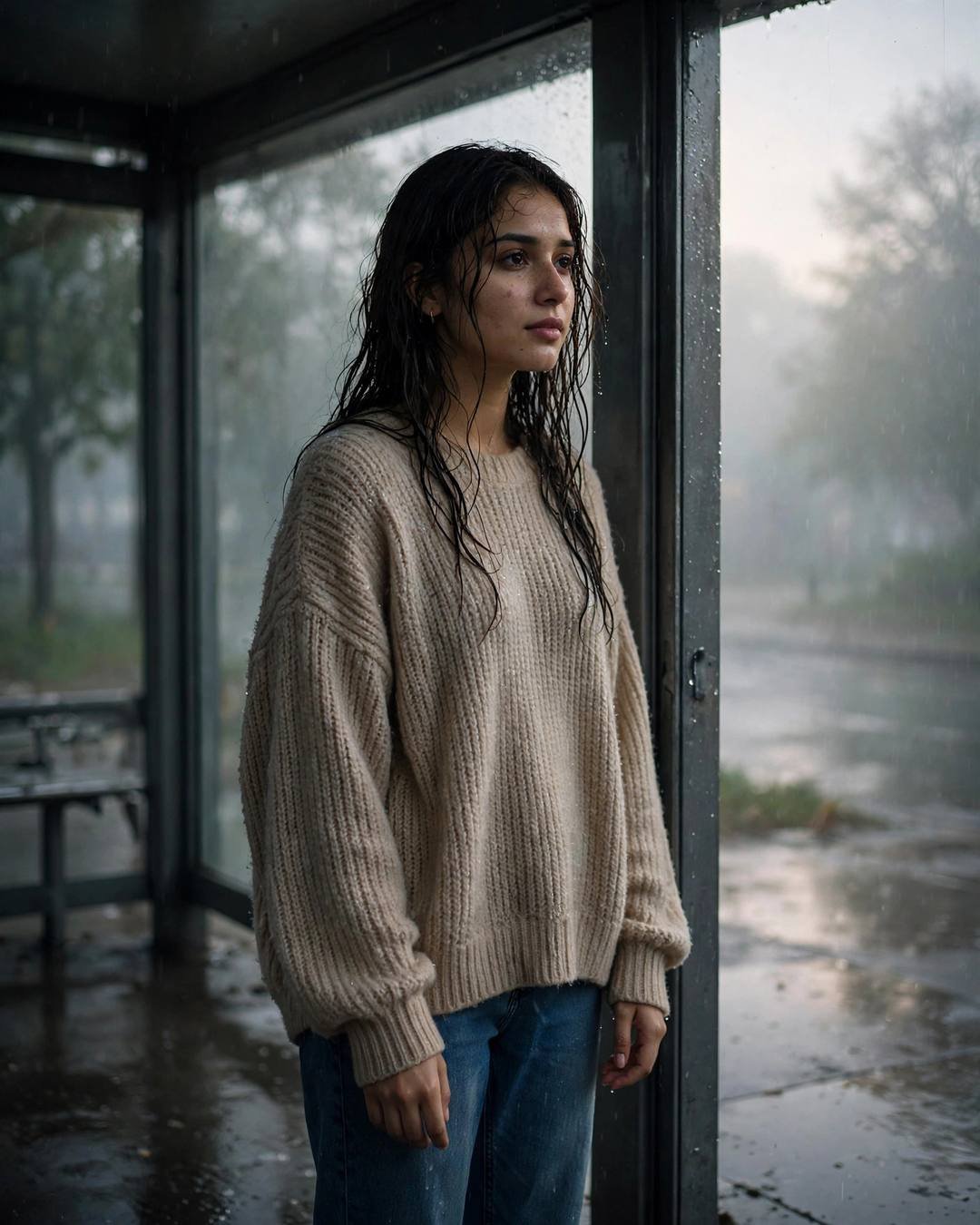 Cinematic AI portrait: soft sorrow — finding his old hoodie in her wardrobe (Sad Girl mood)