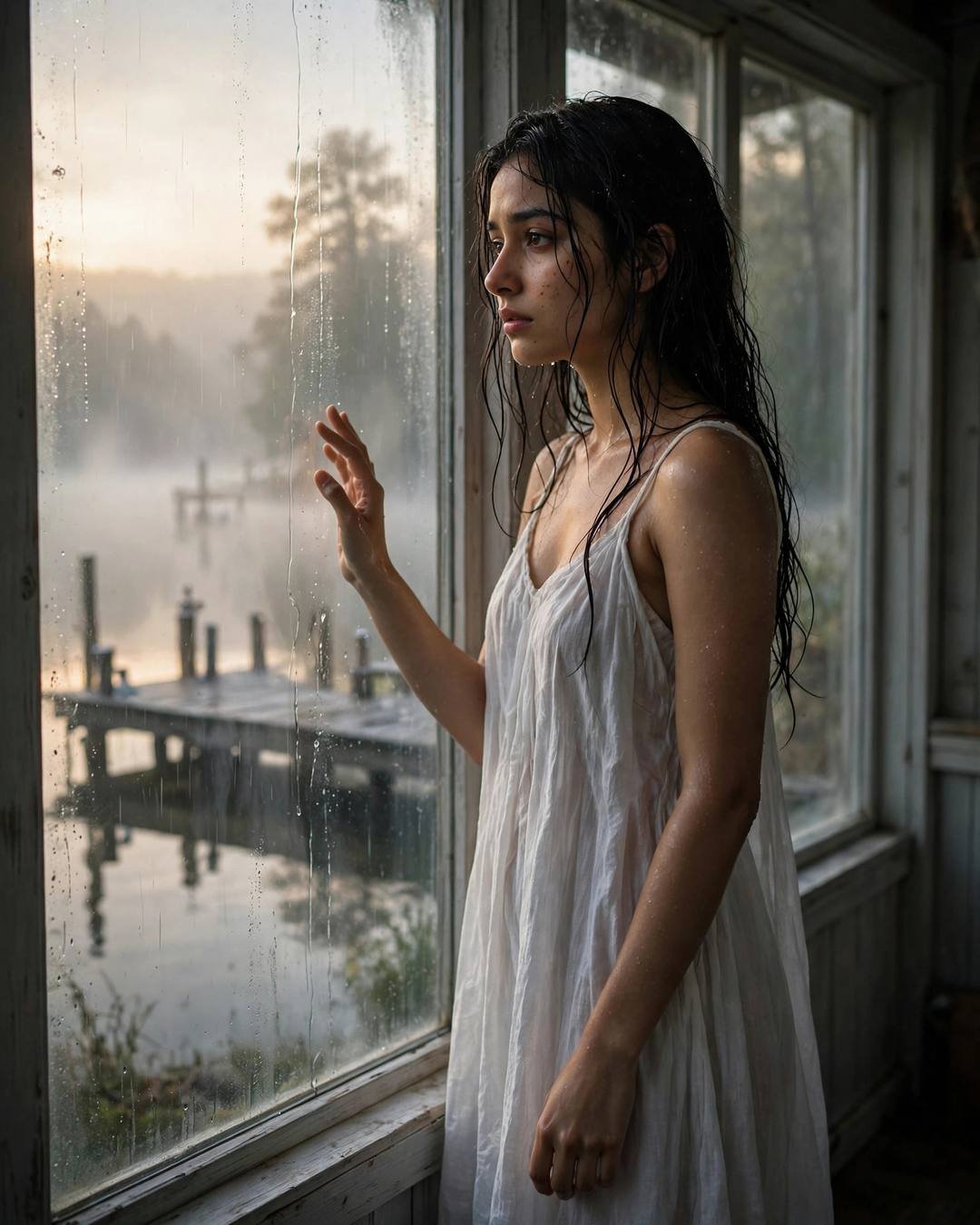 Cinematic AI portrait: soft sorrow — watching rain race down her bedroom window (Sad Girl mood)