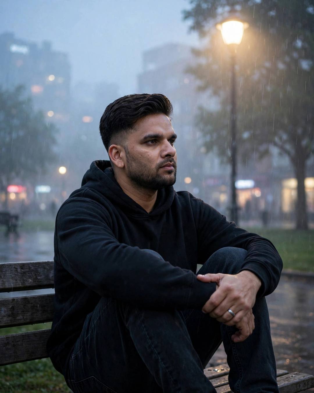 Young Indian man in black hoodie sitting on a park bench under a lamp in the rain and fog
