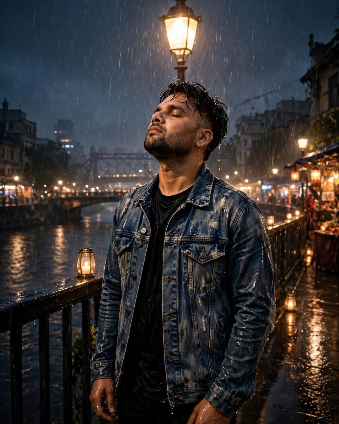 Young Indian man in denim jacket standing under a streetlamp in the rain with face lifted to the sky