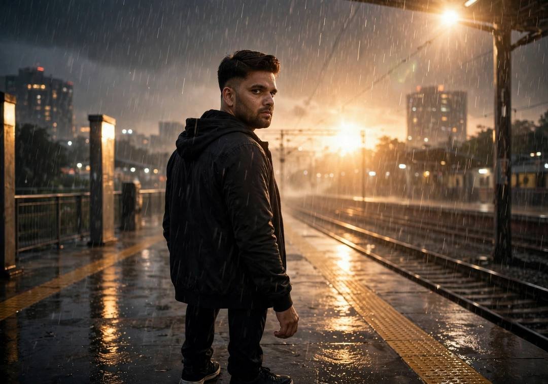Young Indian man in black streetwear looking back over his shoulder on a rainy railway platform at night
