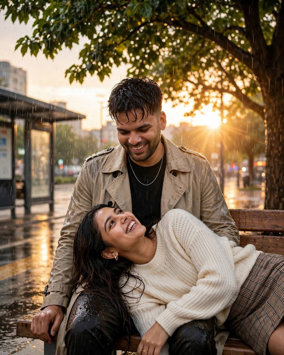 Couple laughing under a tree in golden-hour rain, her head in his lap, beige trench coat and cream knit sweater
