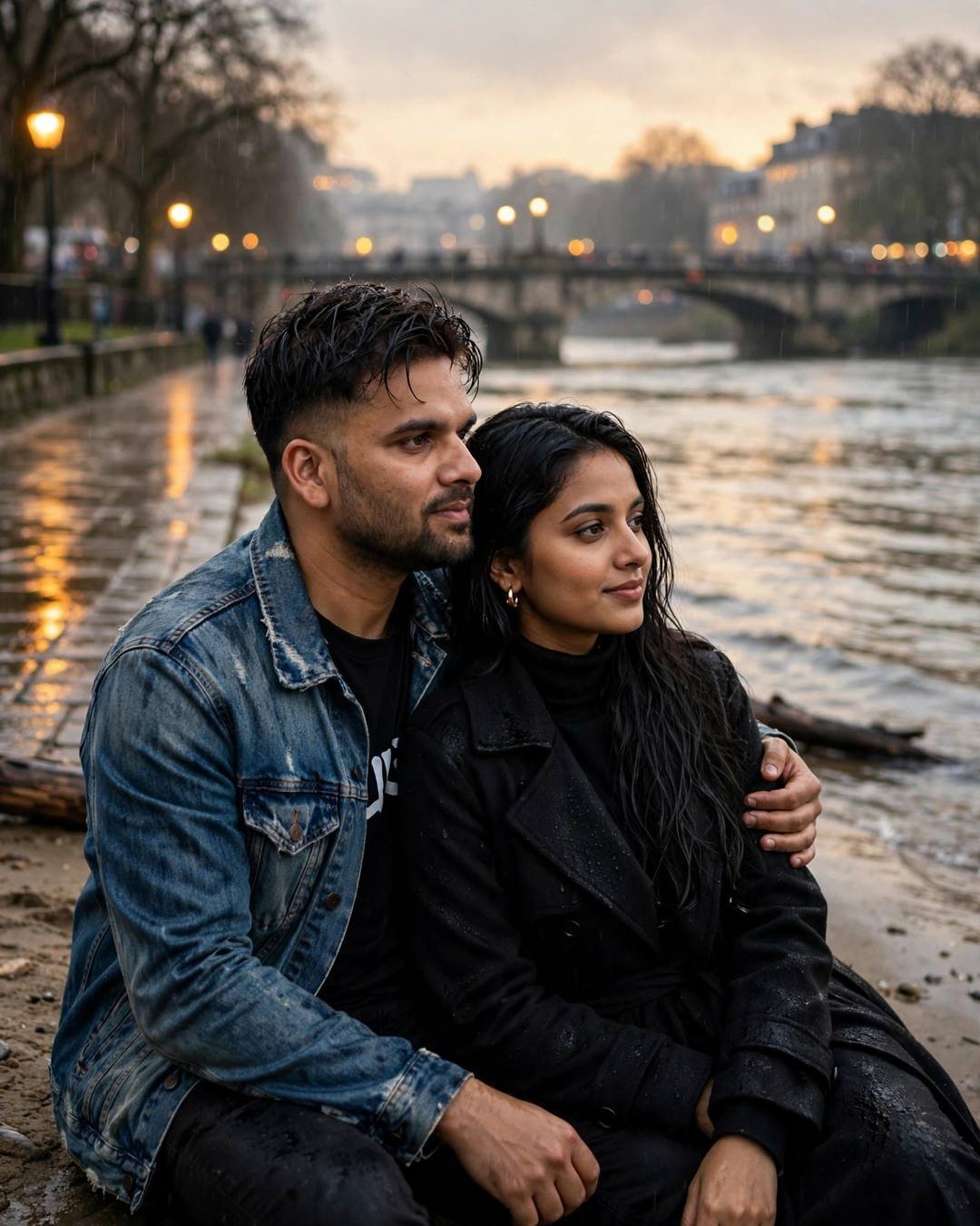 Couple seated on a riverside embankment after rain, his arm around her, denim jacket and black coat, golden streetlamps