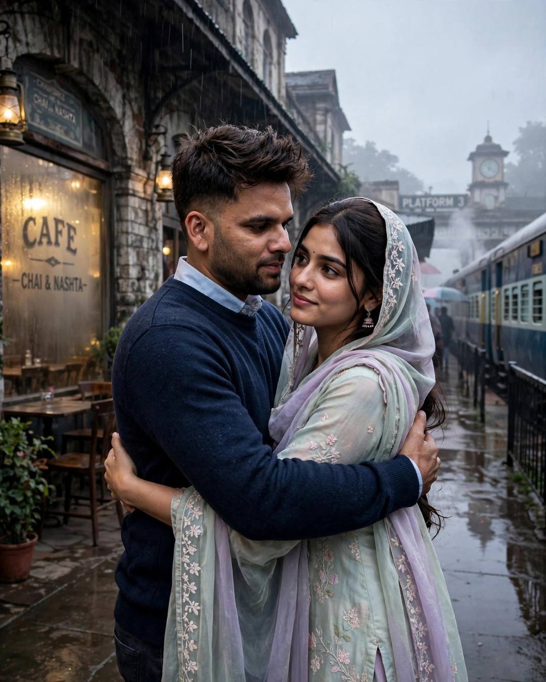 Young couple embracing on a rainy heritage railway station platform