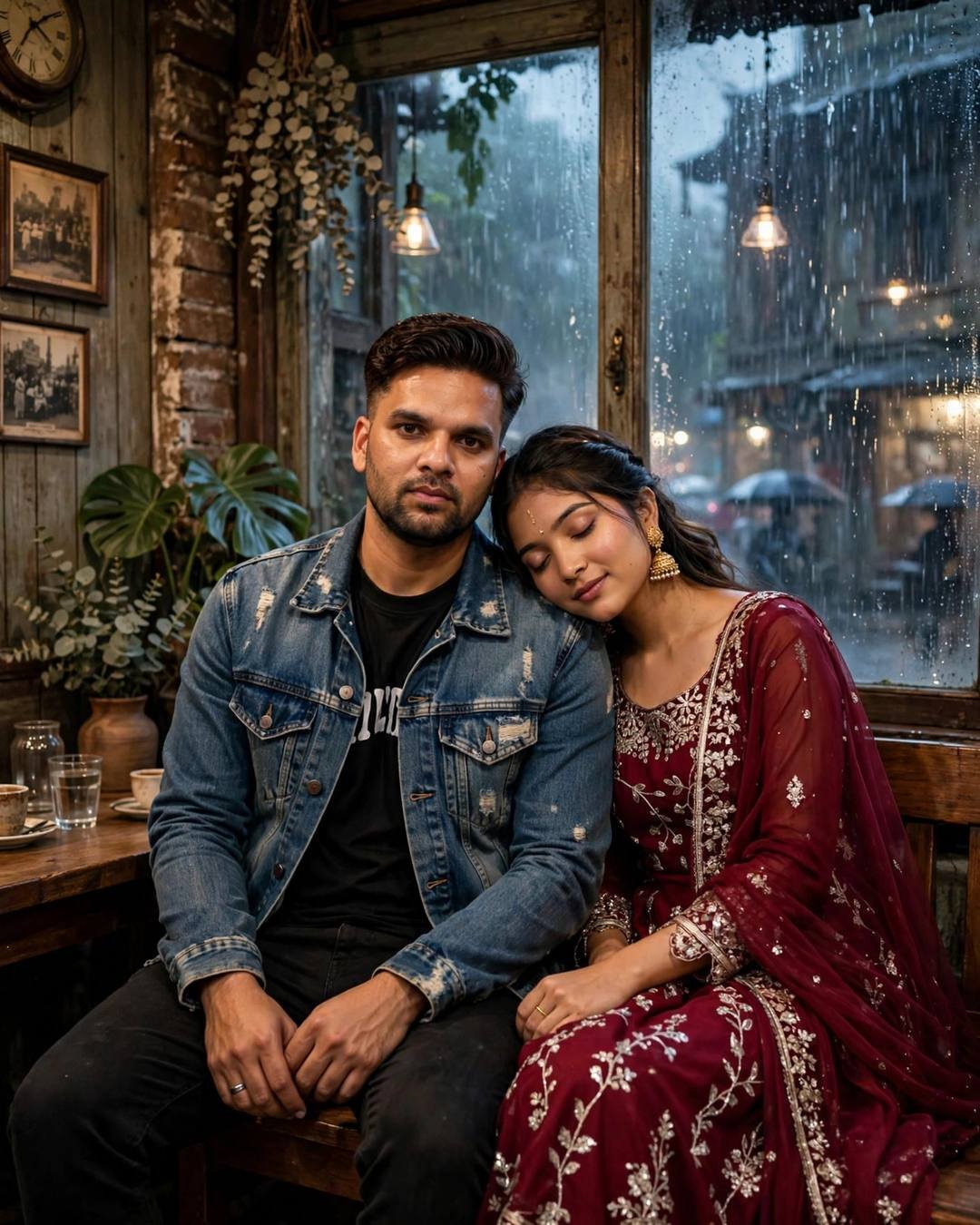 Young couple in a rustic cafe by a rain-streaked window, her head on his shoulder