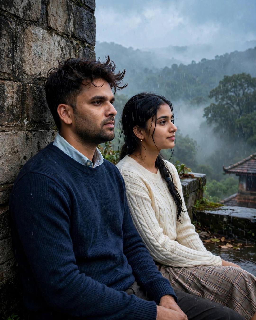 Young couple sitting against an old stone wall above a misty valley in the rain