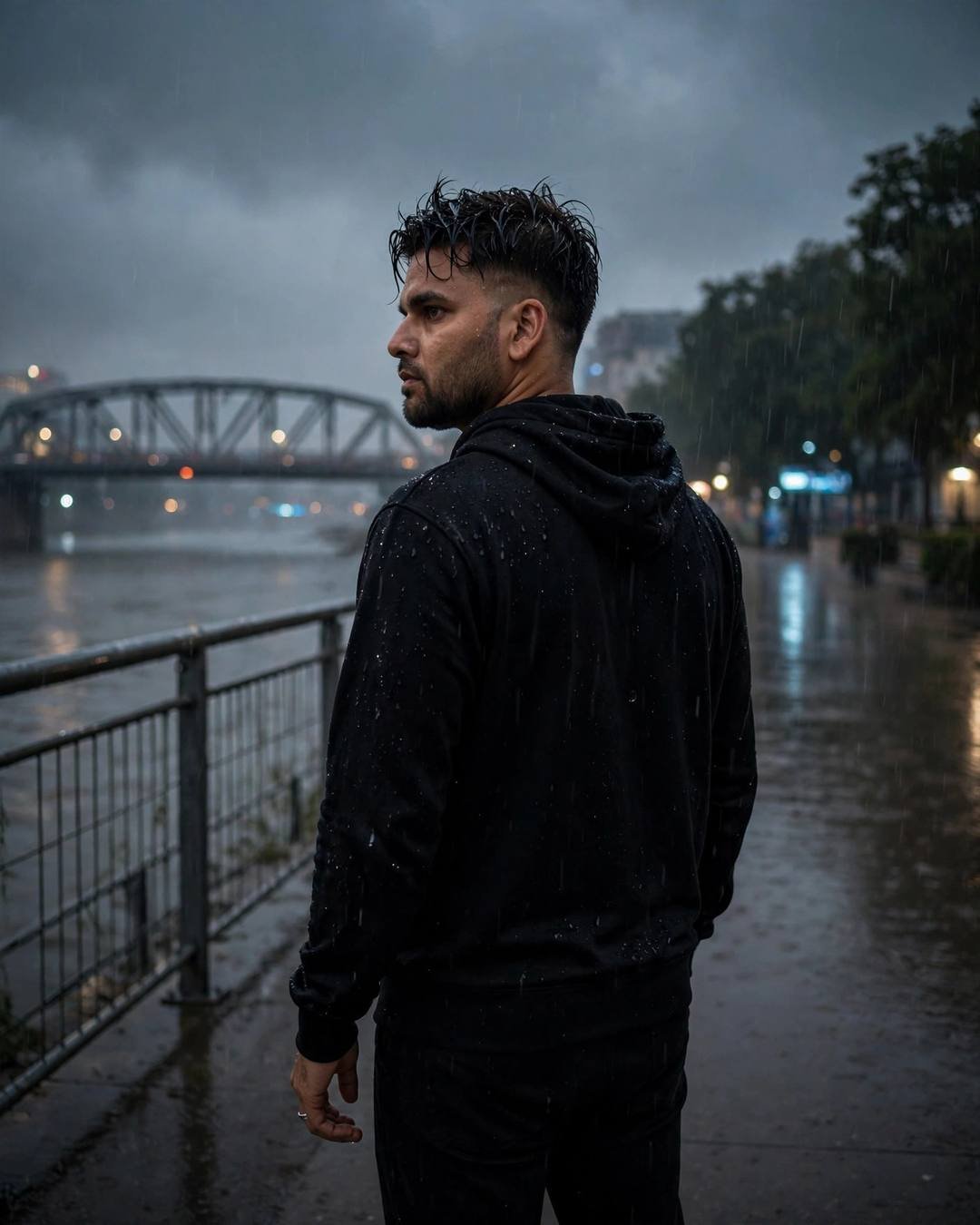 Young Indian man in black streetwear with wet hair looking over his shoulder at a bridge over a river in light rain