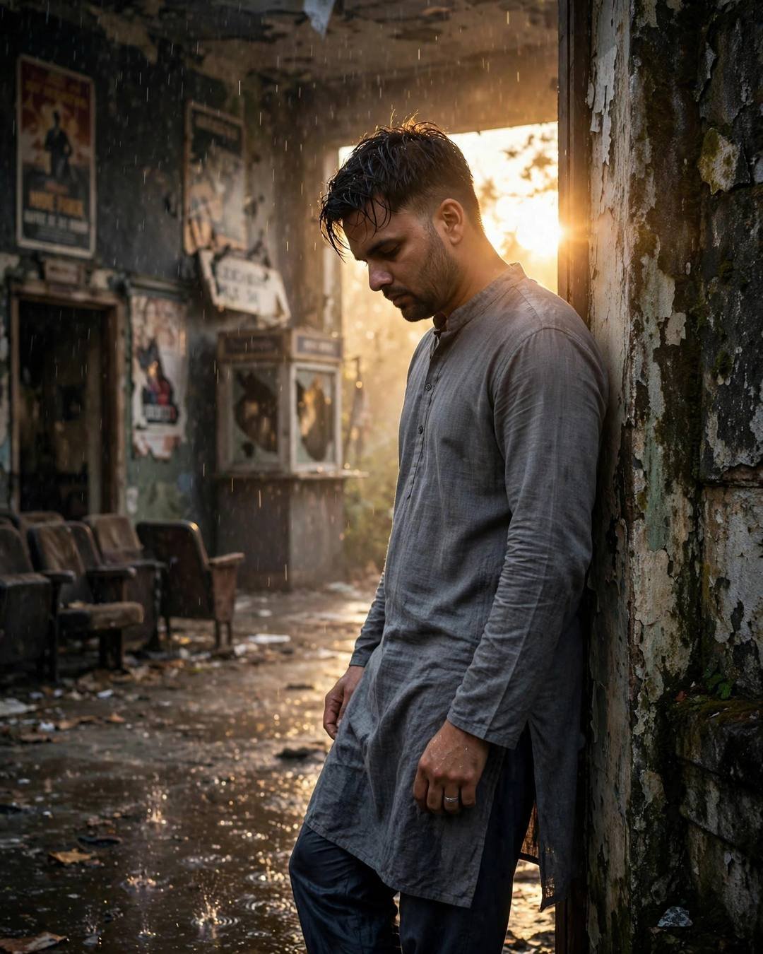 Young Indian man in a grey kurta leaning against a weathered wall in an abandoned cinema hall, golden backlight and rain