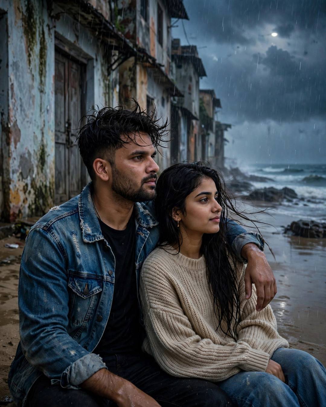 Couple sitting on rain-wet beach sand at blue hour, man in denim jacket with arm around woman in beige sweater, monsoon rain and old city lane behind them