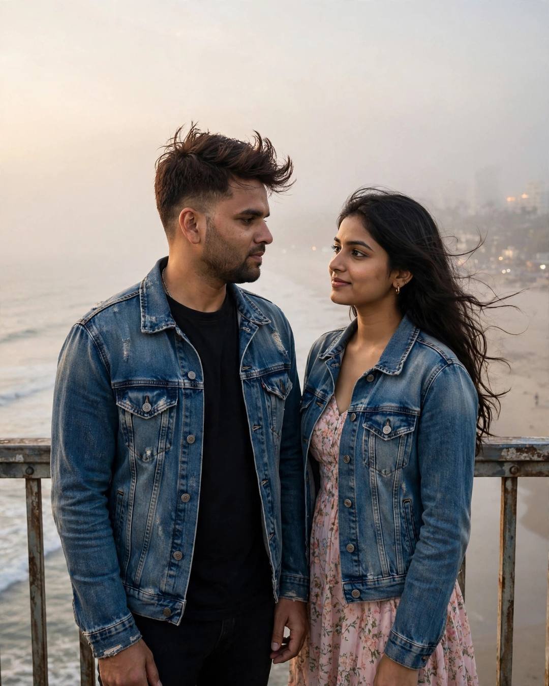 Couple in denim jackets standing face to face on a bridge over a foggy beach at dusk, golden light through haze