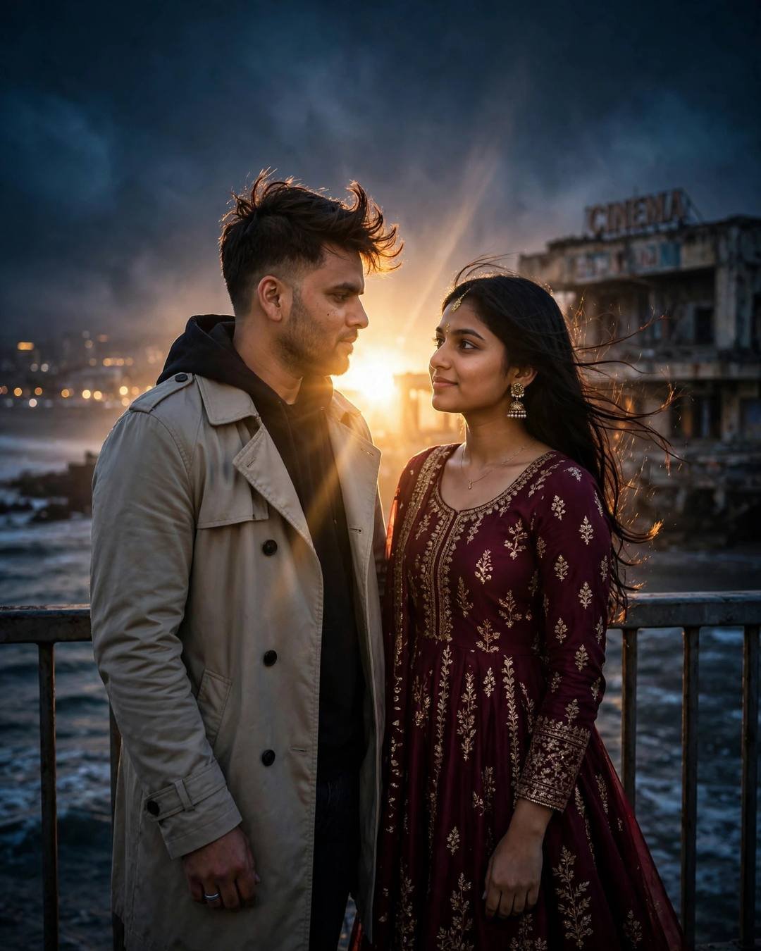Couple face to face on a bridge at night, man in beige trench coat, woman in maroon anarkali, golden backlight flare, abandoned cinema behind
