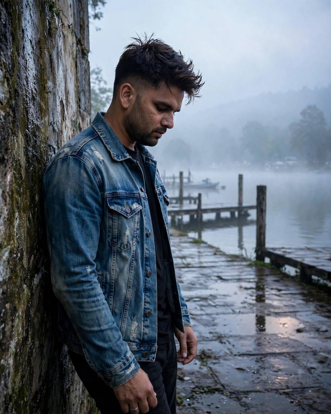 Young Indian man in a distressed denim jacket leaning against a weathered wall at a foggy lake pier at dawn