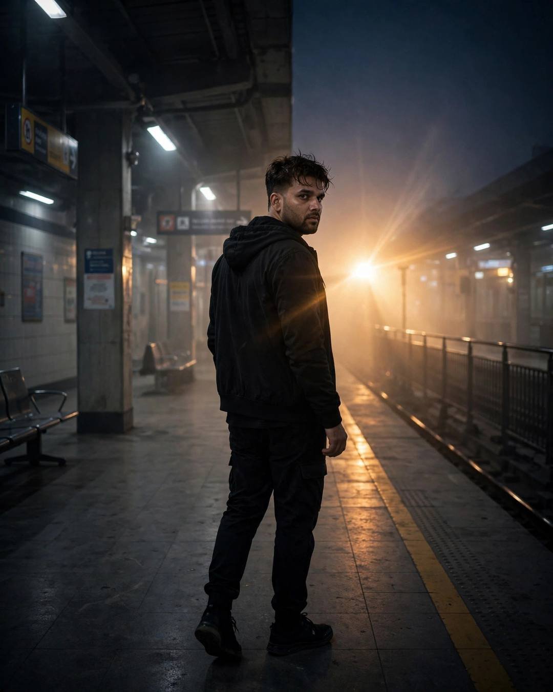 Young Indian man in all-black streetwear walking away on a midnight metro platform, glancing back as golden backlight flares through the fog