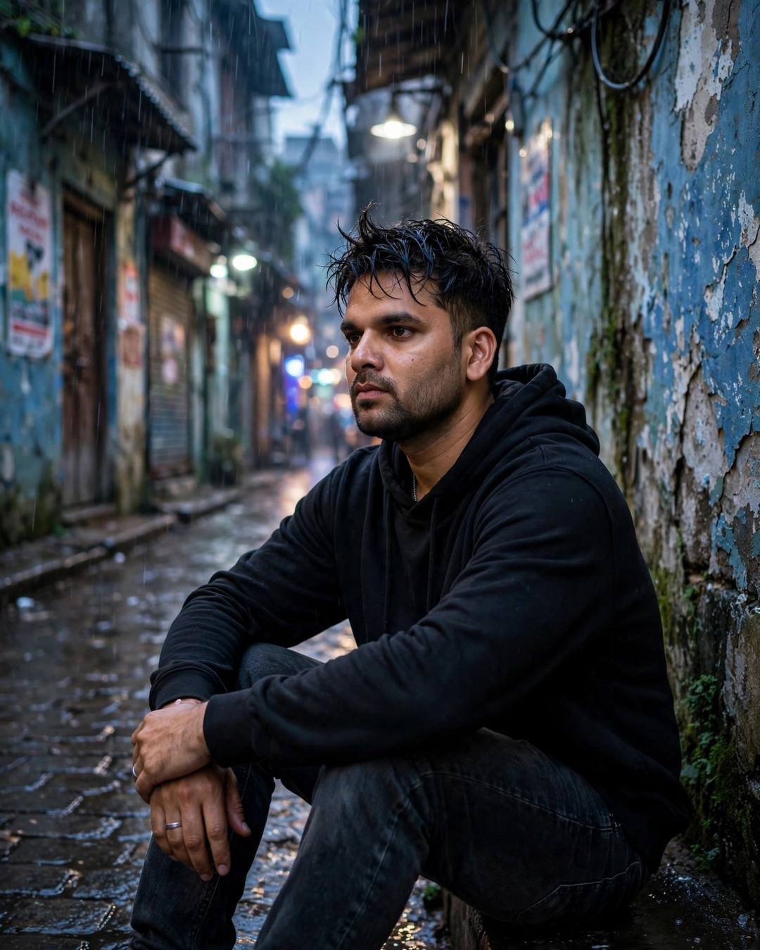 Young Indian man in a black oversized hoodie sitting against a weathered wall in a rain-soaked old-city lane at blue hour