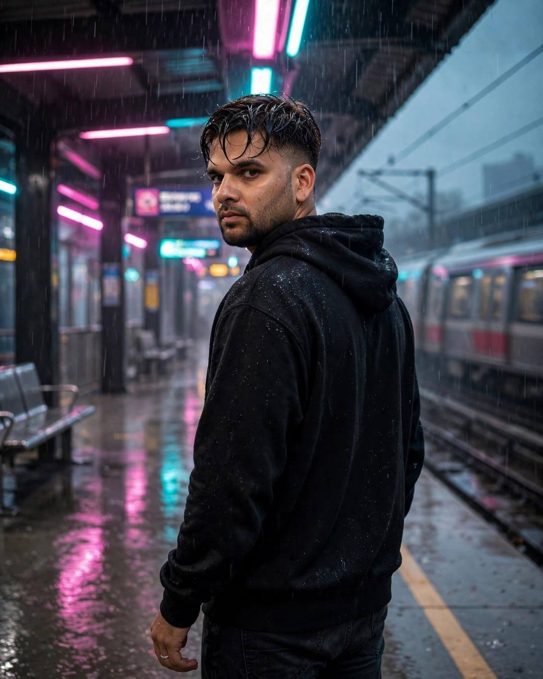 Young Indian man in a black oversized hoodie on a rain-soaked metro platform at midnight, looking back over his shoulder under neon pink and cyan lights