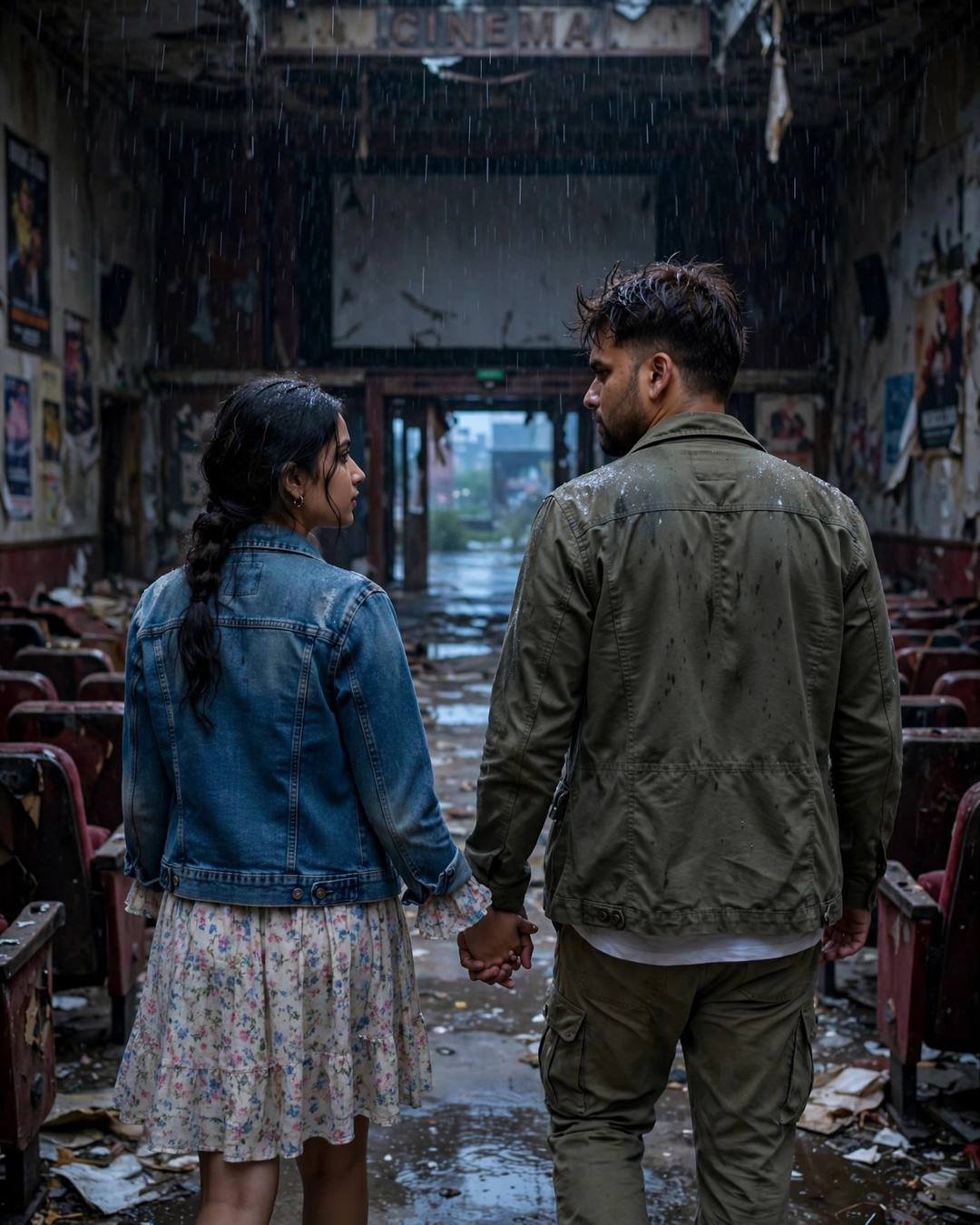 Couple walking hand in hand away through a rain-soaked abandoned cinema hall at blue hour