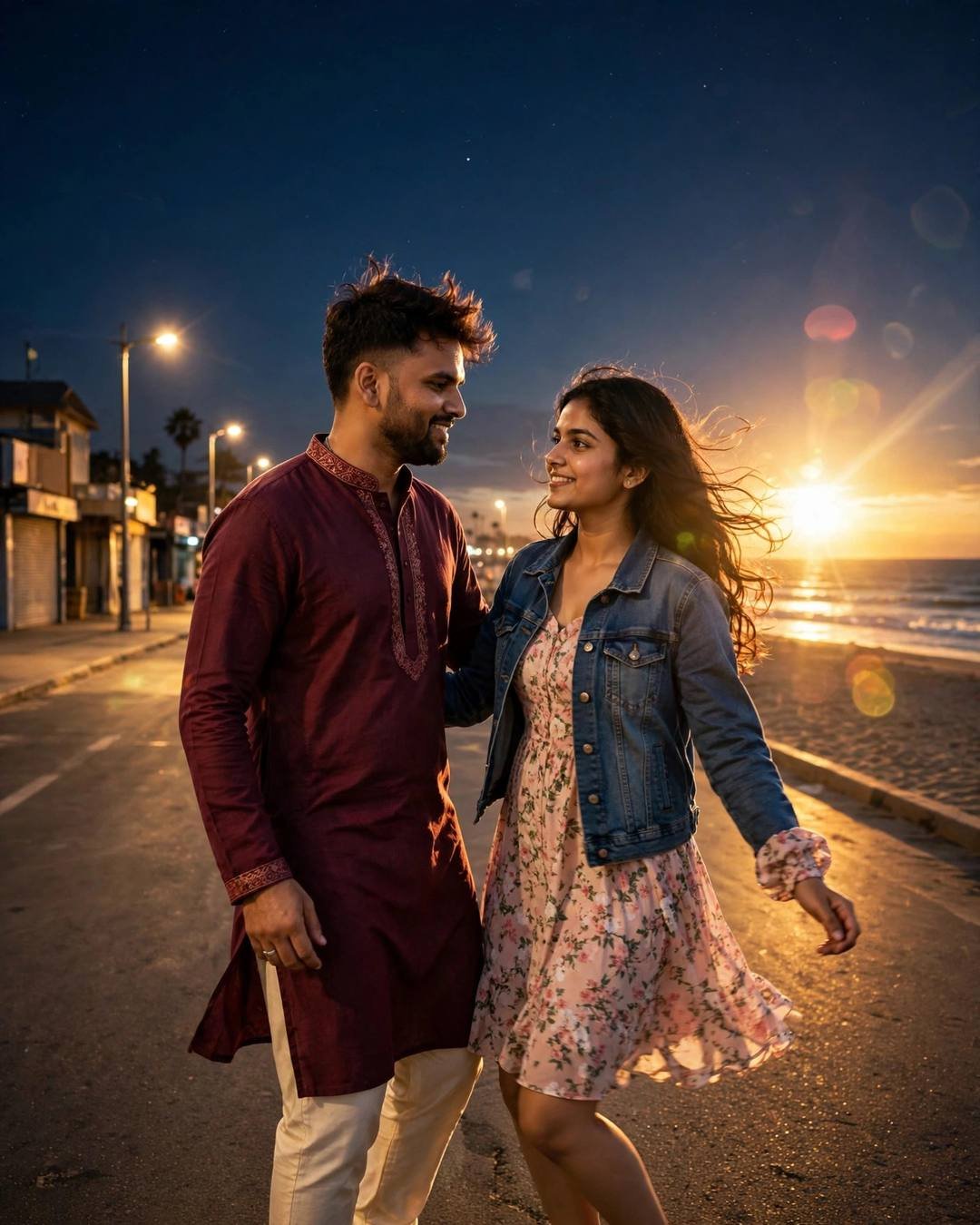 Couple dancing slowly on an empty street by the beach at golden hour, streetlights glowing