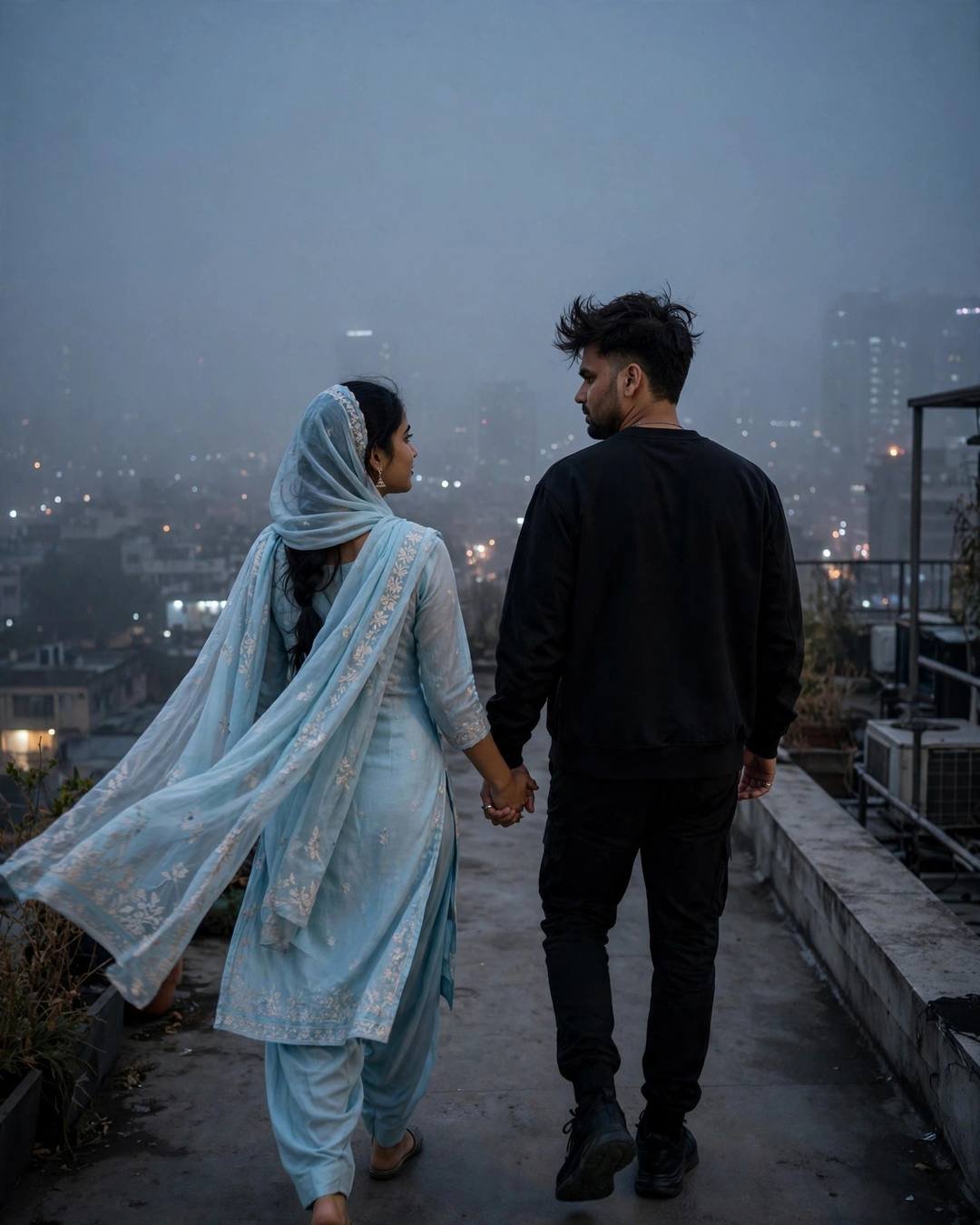 Couple walking hand in hand on a foggy rooftop overlooking sleeping city lights at night