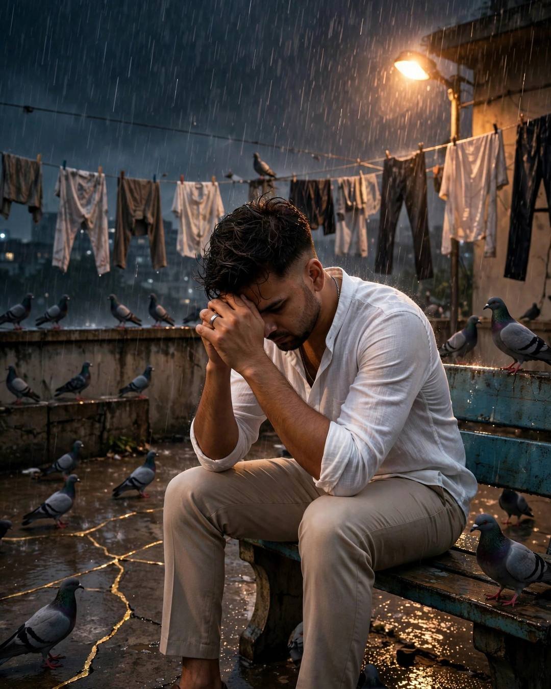 Man in white linen shirt with head in hands on a rainy terrace, pigeons and clothes lines, sodium lamp glowing