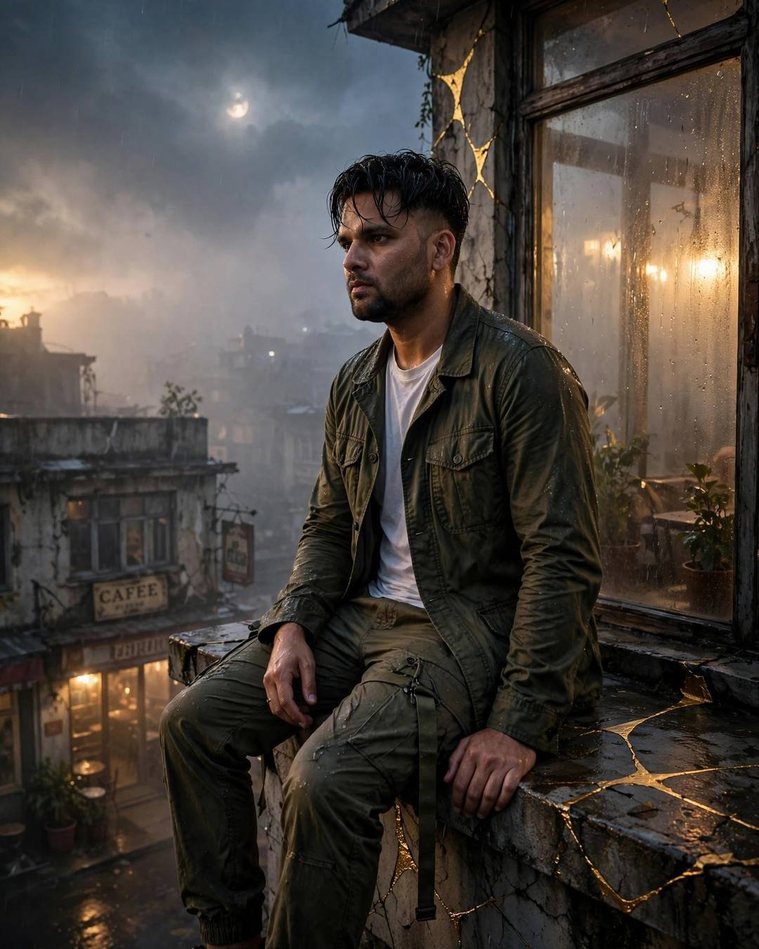 Man in olive field jacket sitting on a rooftop ledge with golden cracks, fogged cafe window behind, moonlight