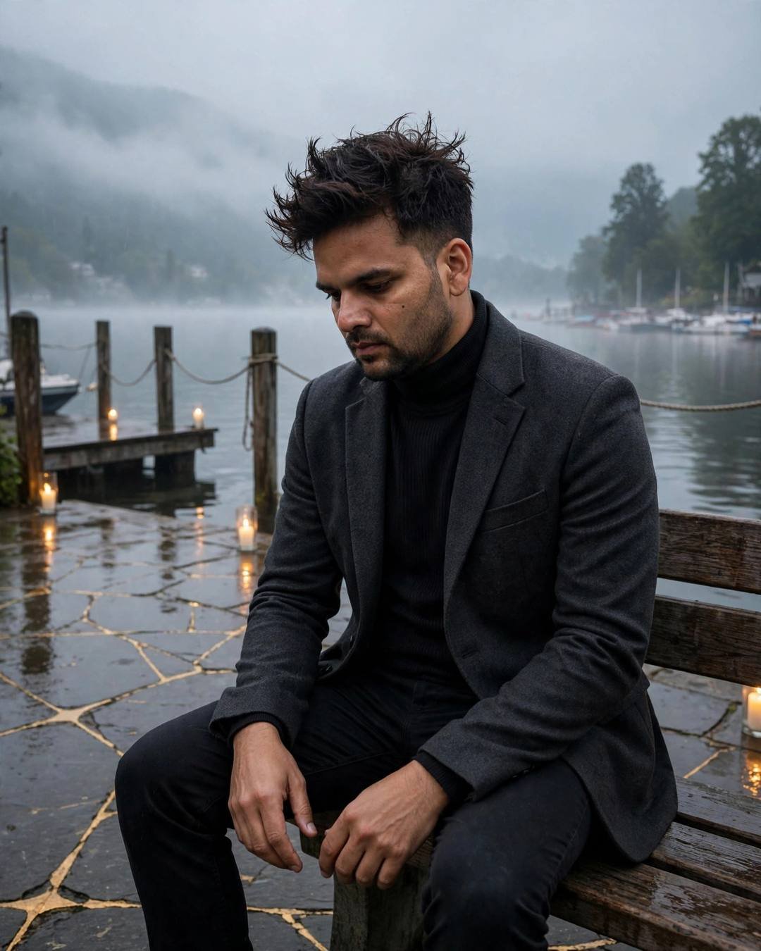 Man in charcoal blazer sitting on a misty lake pier bench, candles burning, golden cracks in the stone