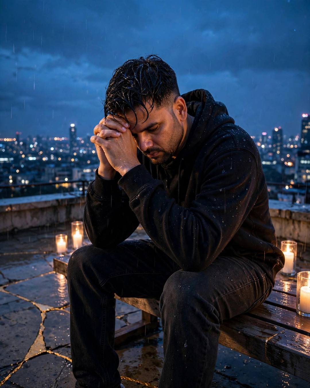 Man in black hoodie with head in hands on a rooftop bench at dawn, candles burning, sleeping city lights below