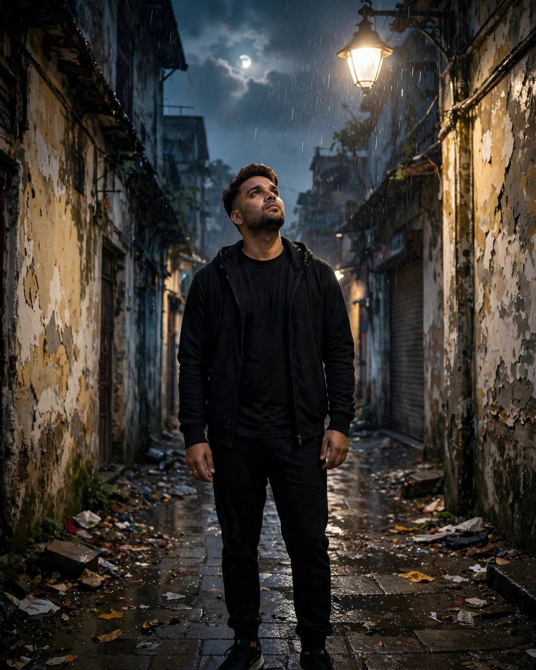 Young Indian man in black streetwear standing under a streetlamp in a rainy old-city lane at night, face lifted to the moon