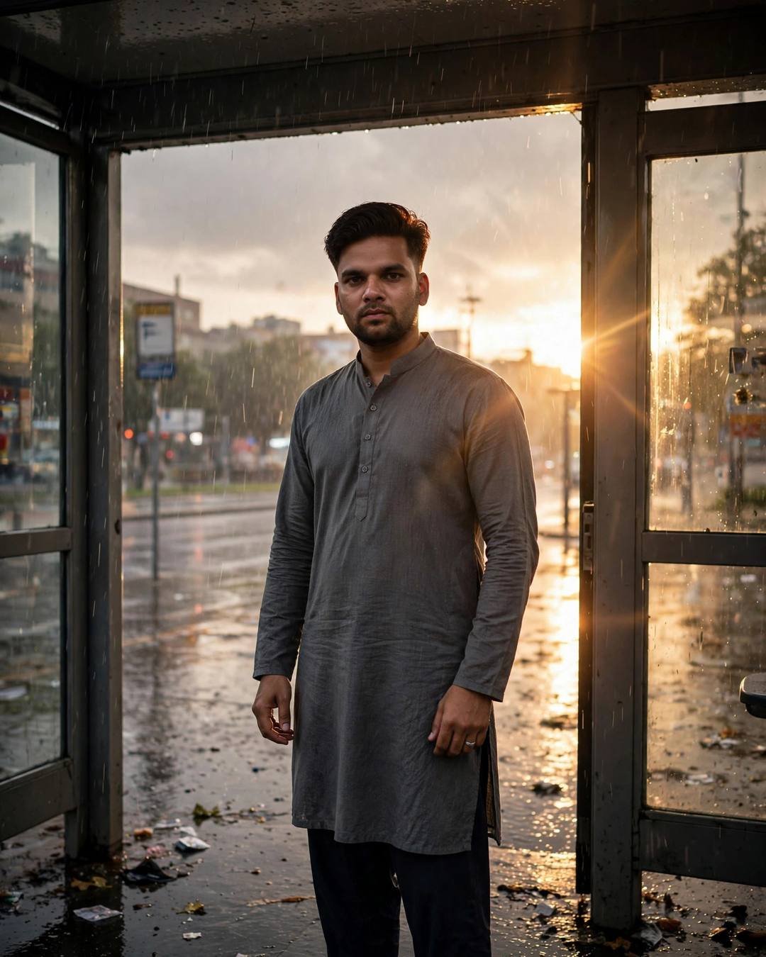 Young Indian man in grey kurta standing in a rain-soaked bus stop shelter at golden hour, sun flaring through glass