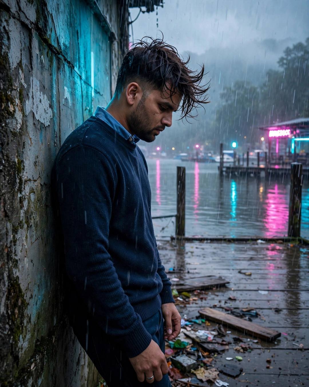 Young Indian man in navy sweater leaning against a wall at a rainy lake pier at dawn, neon pink and cyan reflections
