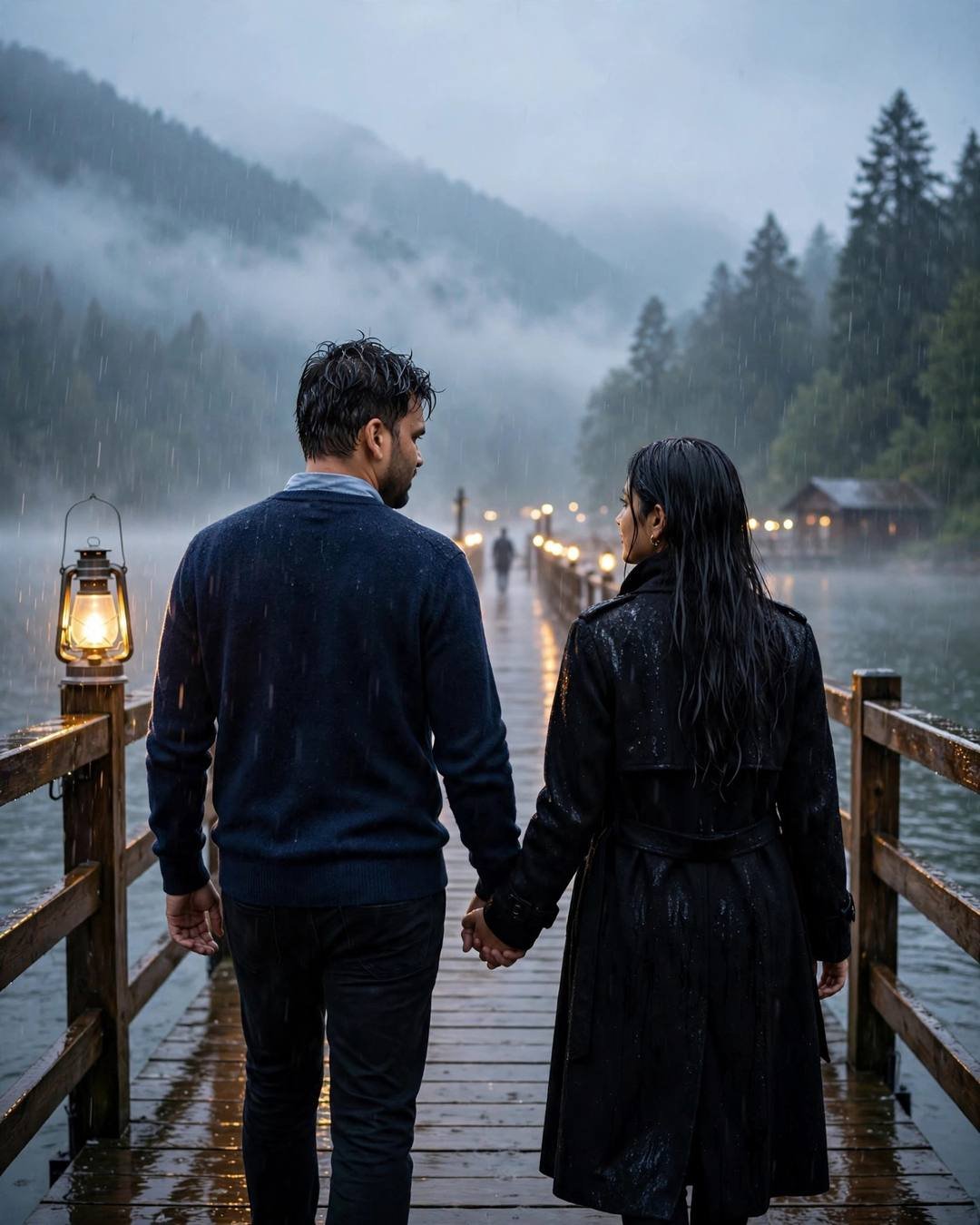 Couple walking hand in hand away down a lantern-lit lake pier in drizzle, misty mountains beyond