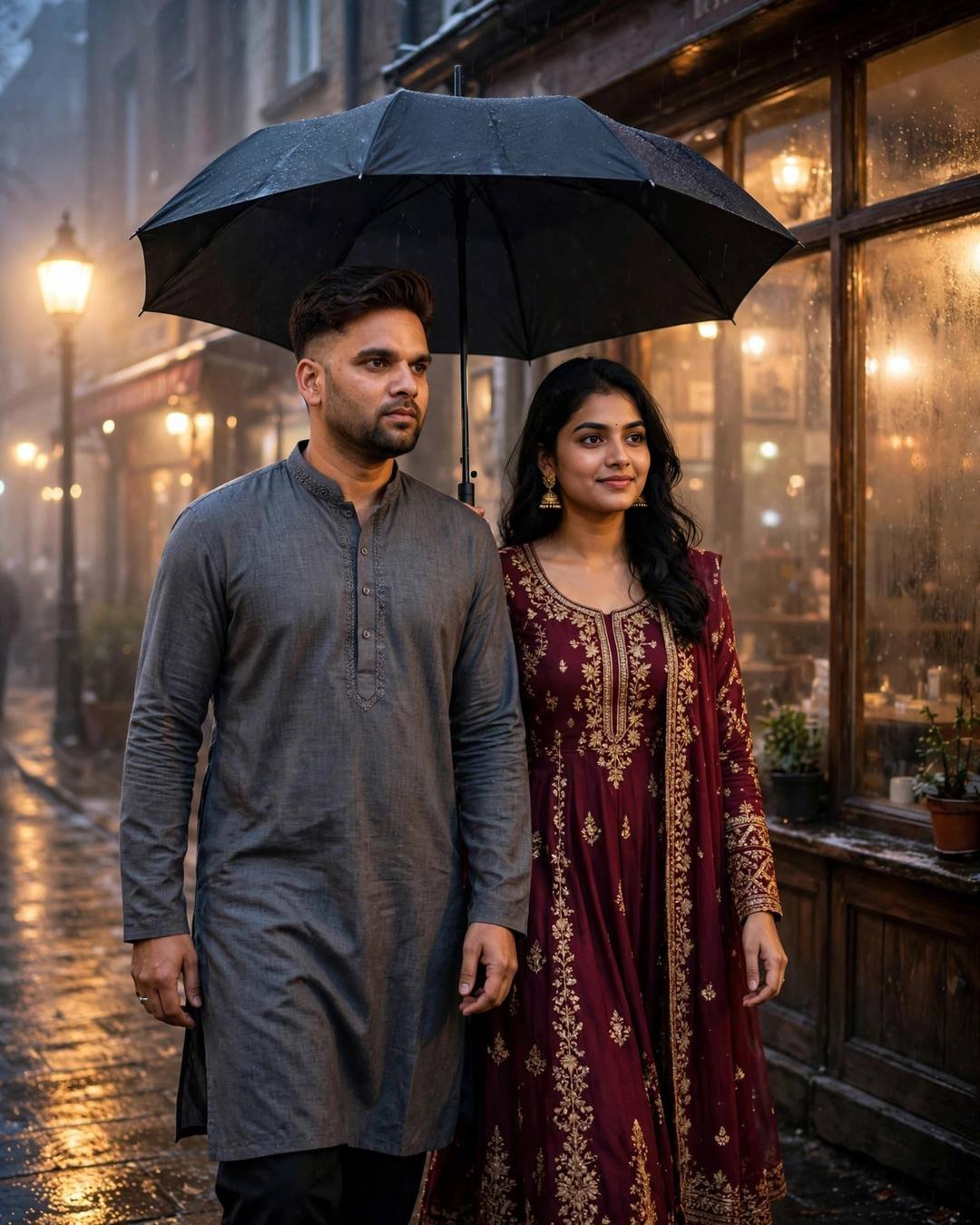 Couple under a black umbrella at night, man in grey kurta, woman in maroon anarkali, fogged cafe window glowing behind