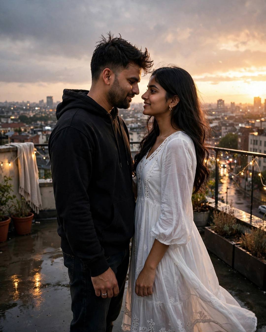 Couple face to face with foreheads nearly touching on a rooftop at golden hour, city lights below, woman in white dress