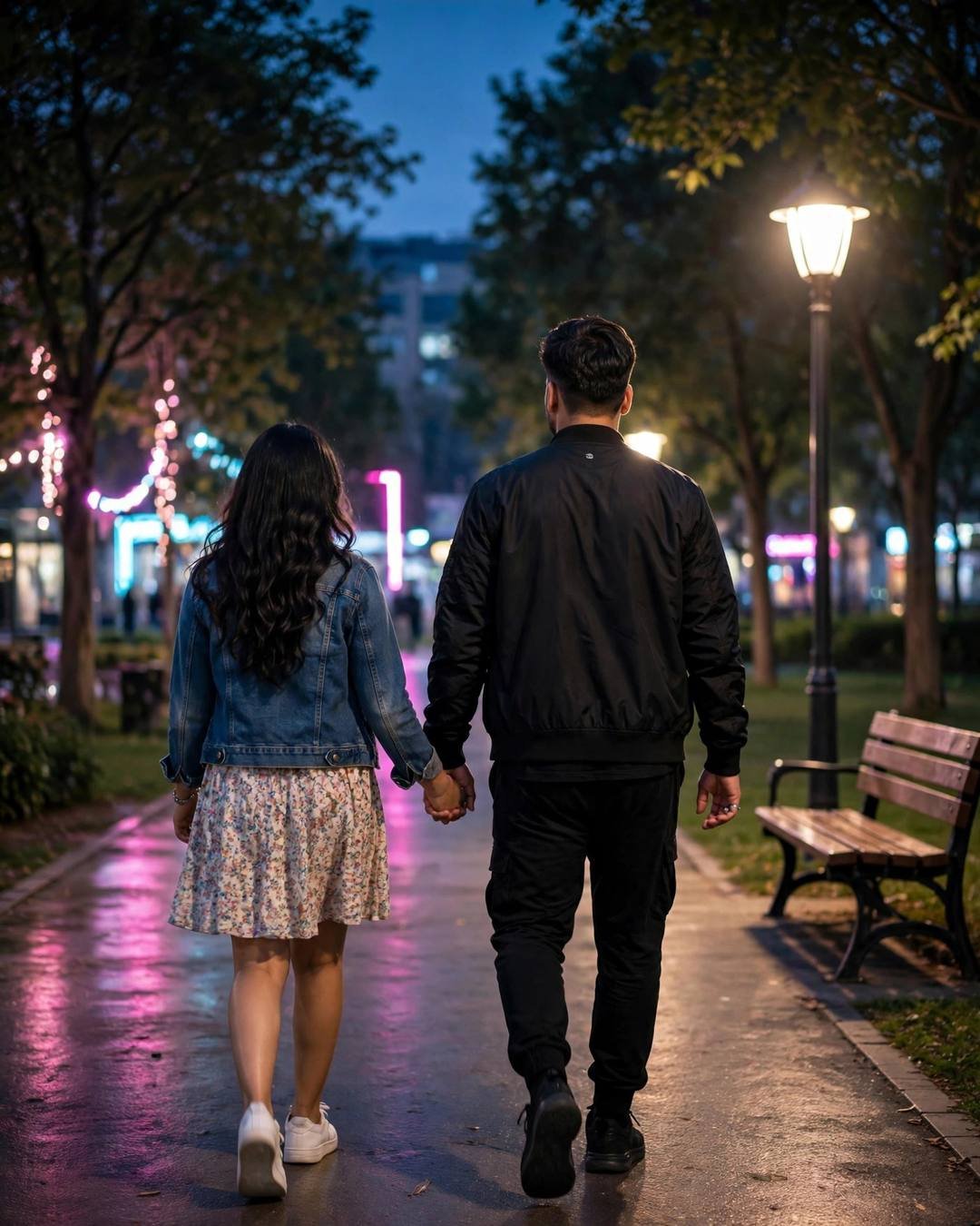 Couple walking hand in hand away through a neon-lit park at blue hour, bench under a lone lamp beside them