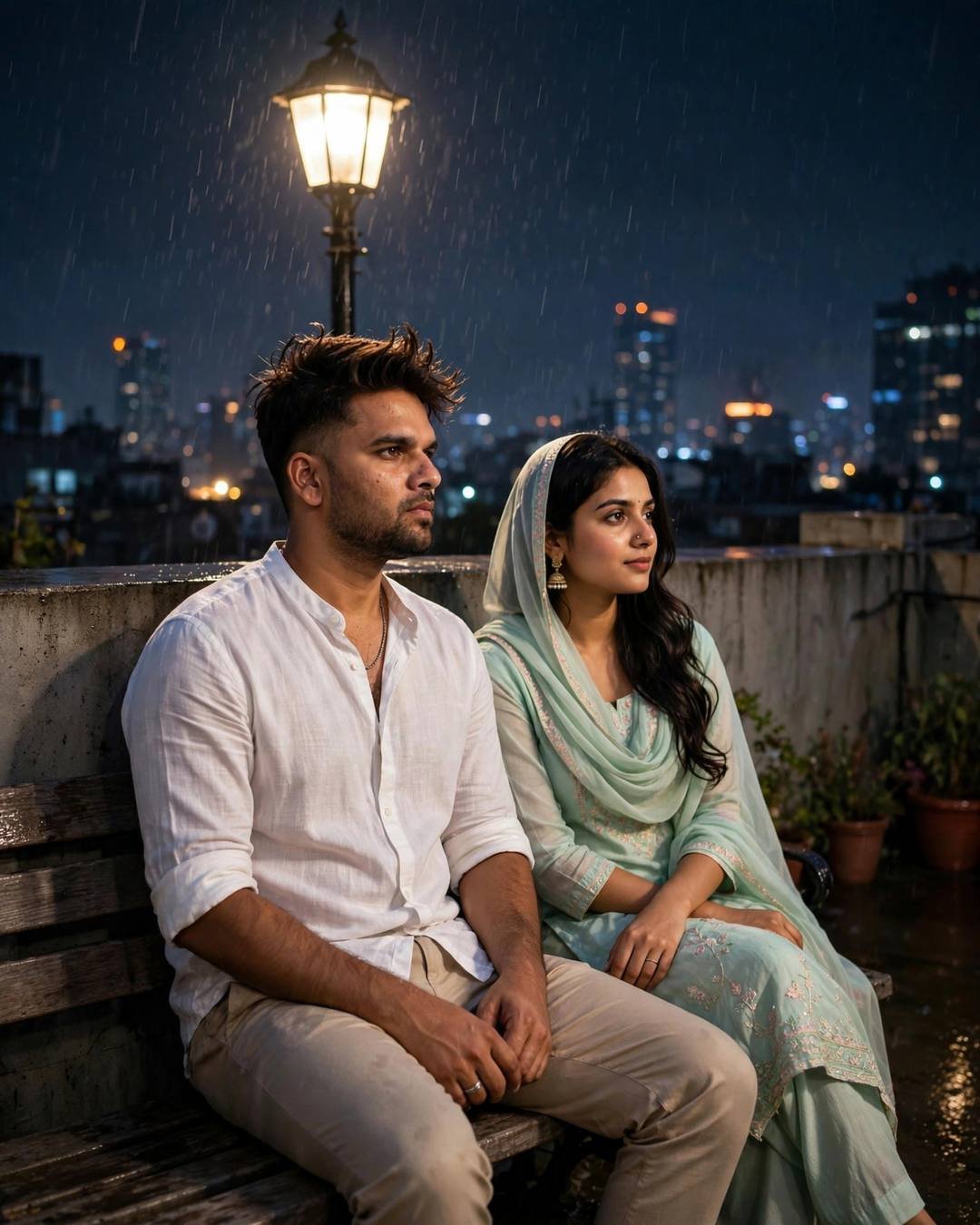 Young Indian couple sitting close on a rooftop bench under a lamp at night in rain, city lights below