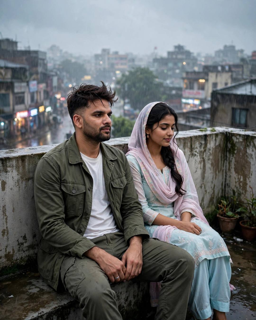 Young Indian couple sitting on a rooftop ledge above a rainy city street at dawn, sharing silence