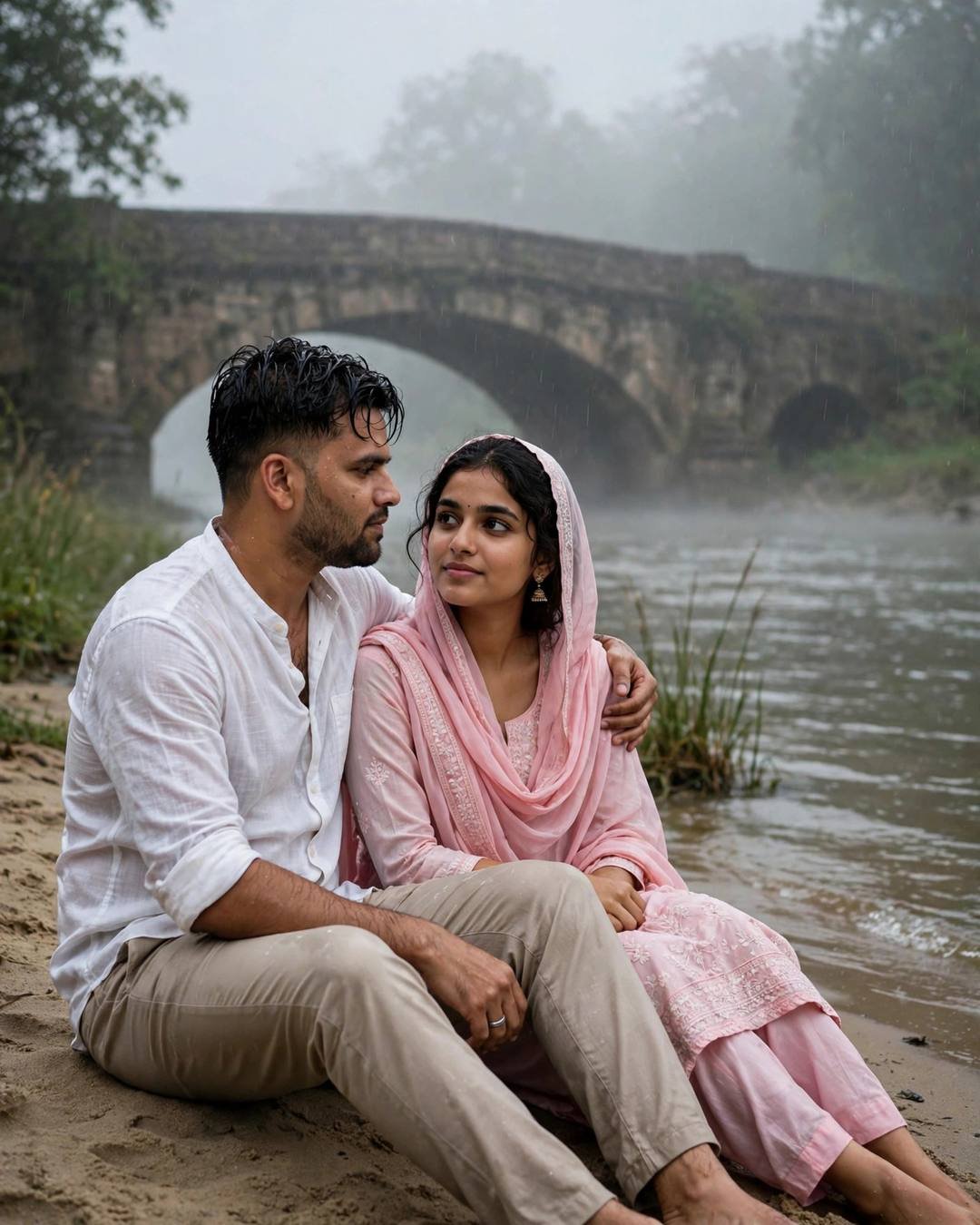 Young Indian couple sitting at a river's edge in fog below an old stone bridge, looking at each other, his arm around her